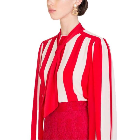 NWT Dolce & Gabbana Red White Striped Silk Crepe De Chine Blouse IT 42 M - Picture 2 of 11